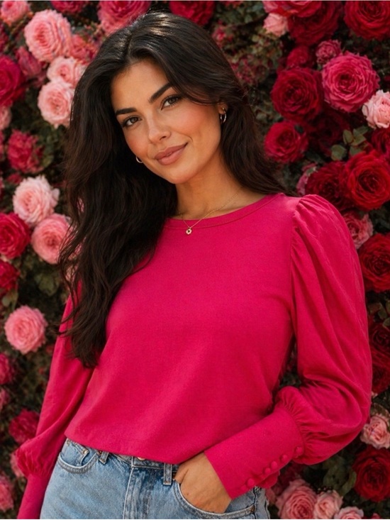 Anthropologie Sweaters - Anthropologie Dark Pink Long Bishop Sleeve Blouse Top Casual Scoop Neck